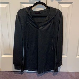 Dark grey drawstring hoodie with v neck buttons